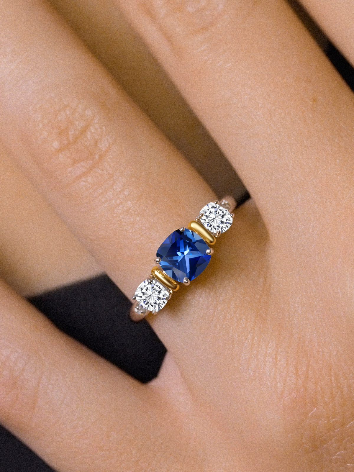 925 Sterling Silver 10K Yellow Gold Blue Created Sapphire White Moissanite 3 Stone Engagement Ring K82147