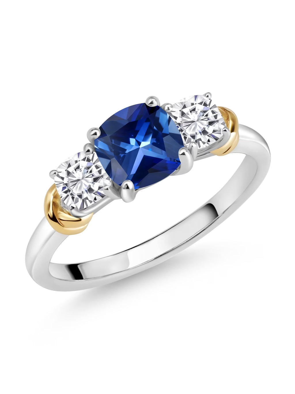 925 Sterling Silver 10K Yellow Gold Blue Created Sapphire White Moissanite 3 Stone Engagement Ring K82147