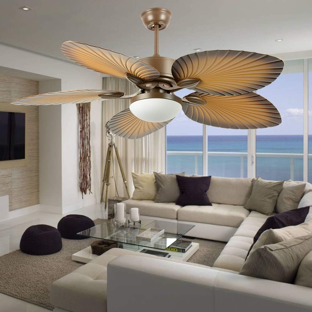 52" Tropical Palm Ceiling Fan with LED Light and Five Palm Leaf Blades - New Bronze Finish O9532