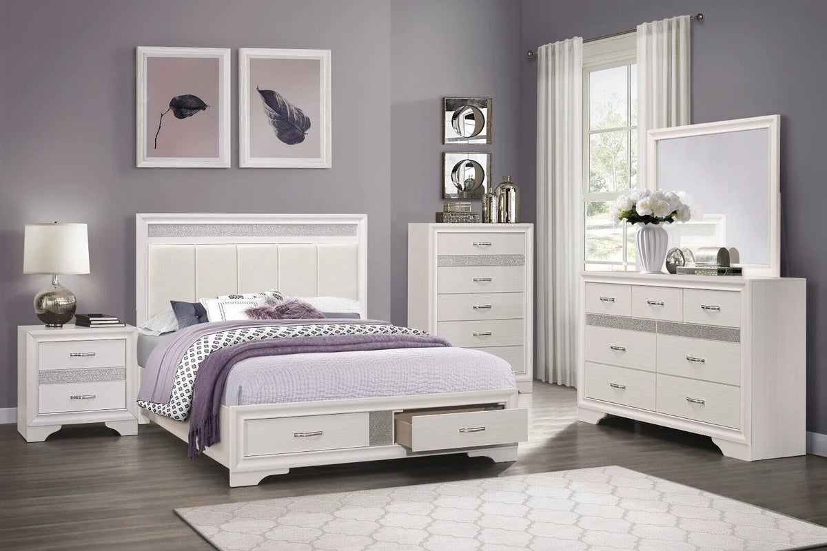 White 4pc California King Bedroom Set Platform Bed Dresser Nightstand Mirror M892