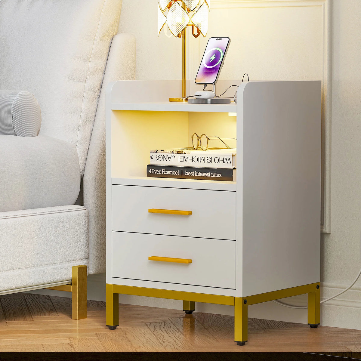 White 3 Drawer Side Table with Charging Station R3198