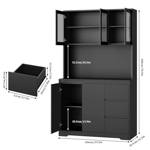 Black 71" Kitchen Pantry Cabinet with LED Lights and Charging Station A206988