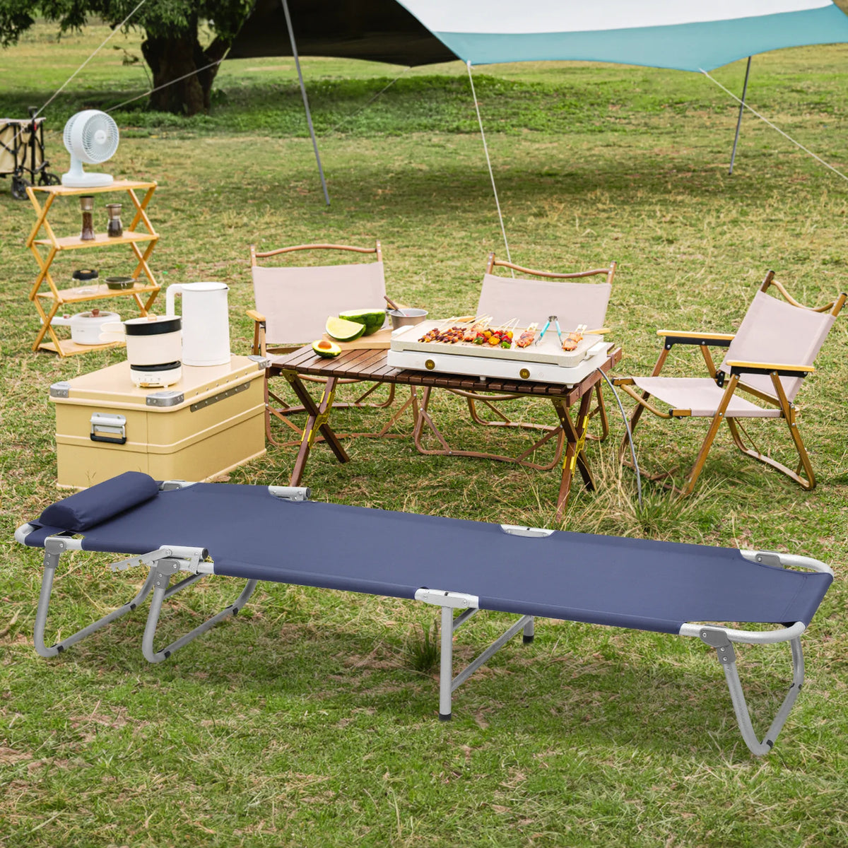 Navy Blue Portable Folding Camping Cot with Pillow and Carry Bag E2915
