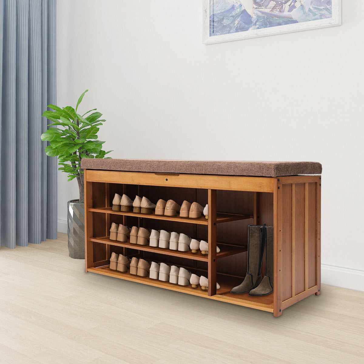 3 Tier Brown Bamboo Shoe Bench Storage Cabinet with Cushion Y939