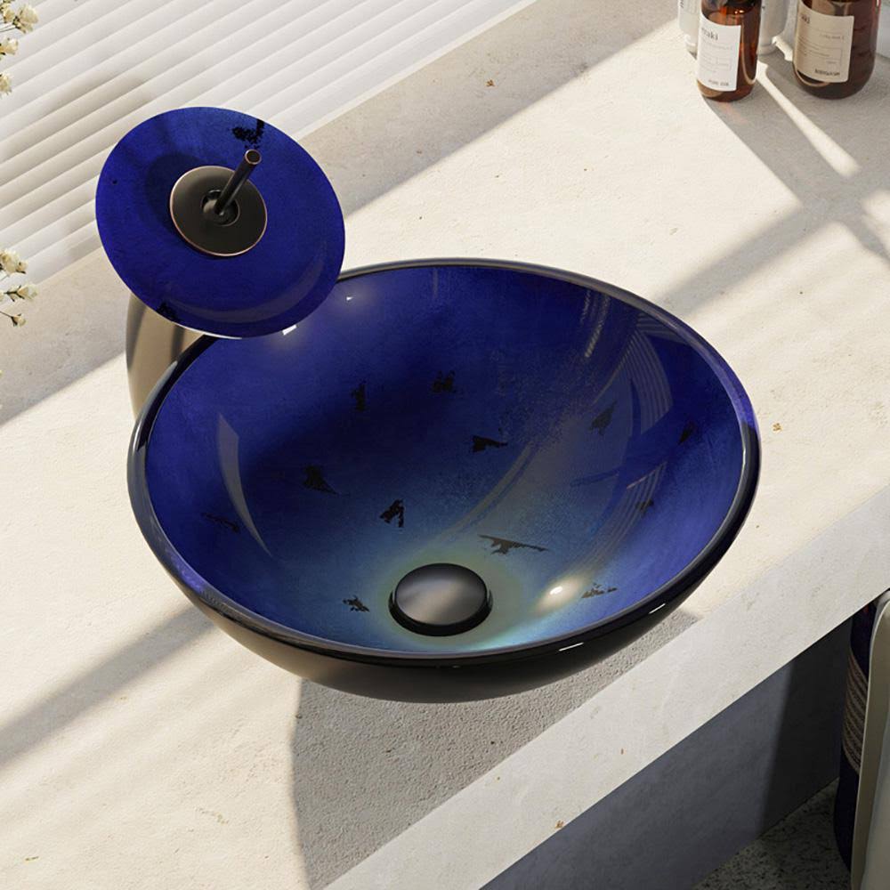 Foil Undertone Glass Vessel Sink with Antique Bronze Waterfall Faucet B900475