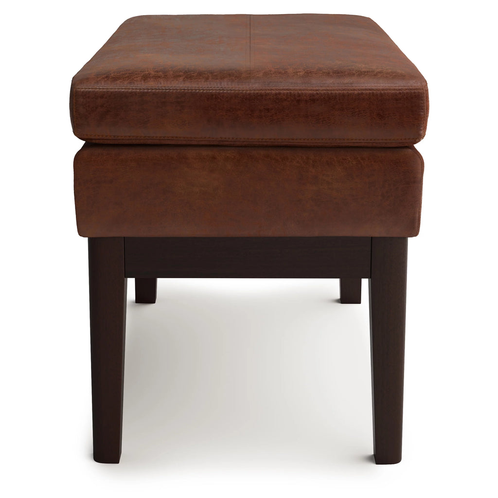 26 inch Wide Small Ottoman Bench in Distressed Saddle Brown Faux Leather O589