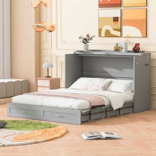 Queen Size Murphy Wall Bed with USB Charging Station and Storage Drawer Q263973