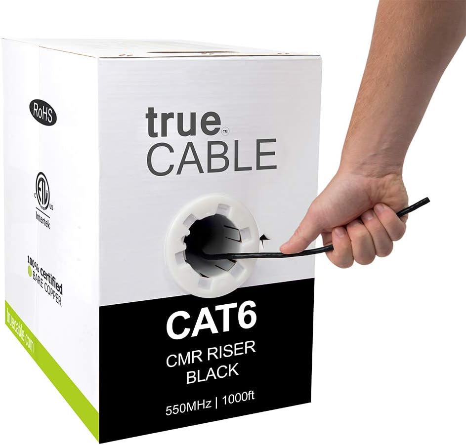 Cat6 Riser 1000ft Black 23AWG 4 Pair Solid Bare Copper Bulk Ethernet Cable D846