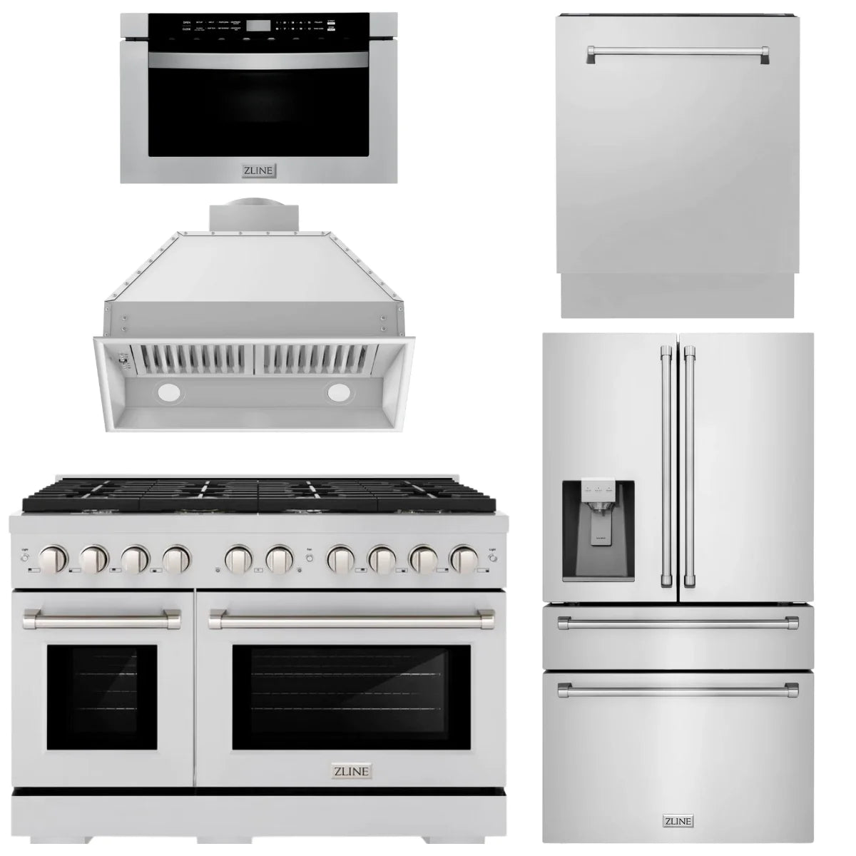48 Gas Range, Range Hood Insert, Refrigerator with Water and Ice Dispenser, Dishwasher and Microwave Drawer X11407
