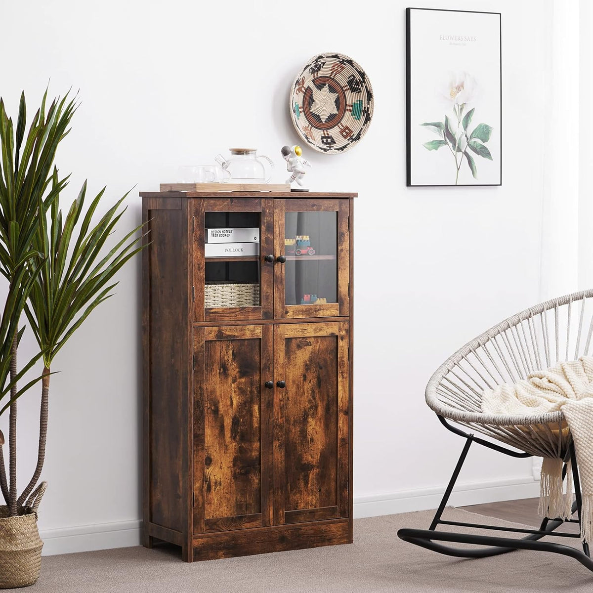 Rustic Brown Freestanding Bathroom Floor Storage Cabinet with Glass Door and Adjustable Shelf K46937