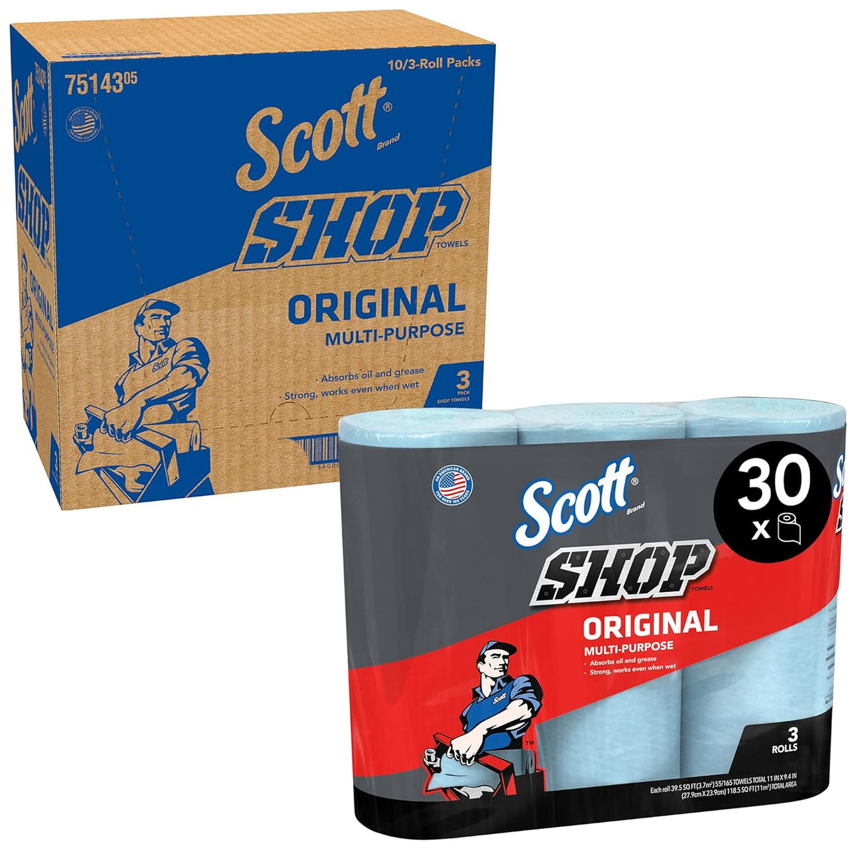 Blue Shop Towels, 55 Sheets per Roll, 30 Rolls per Case, Pack of 2 S22537