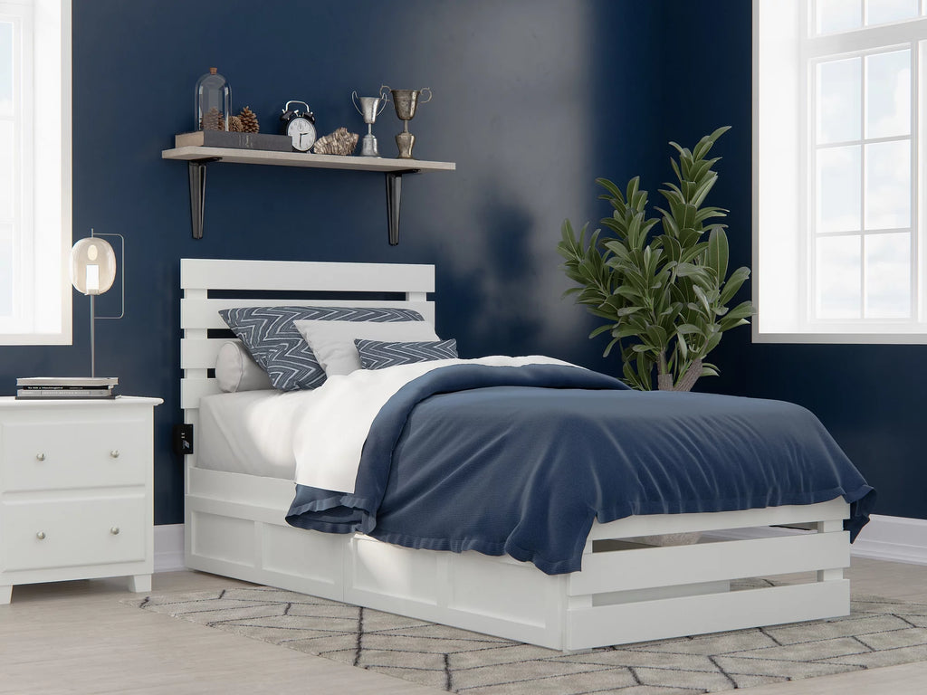 White Twin Extra Long Bed with Footboard and 2 Drawers M904