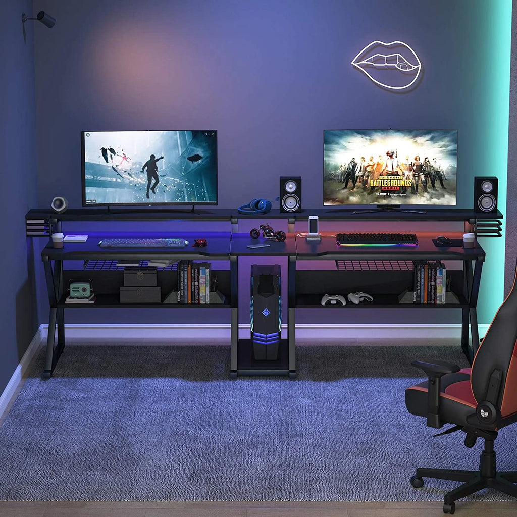 Double Gaming Desk with Hutch Monitor Stand Riser, 102-Inch Two Person Computer Desk with Storage Bookshelf P558523