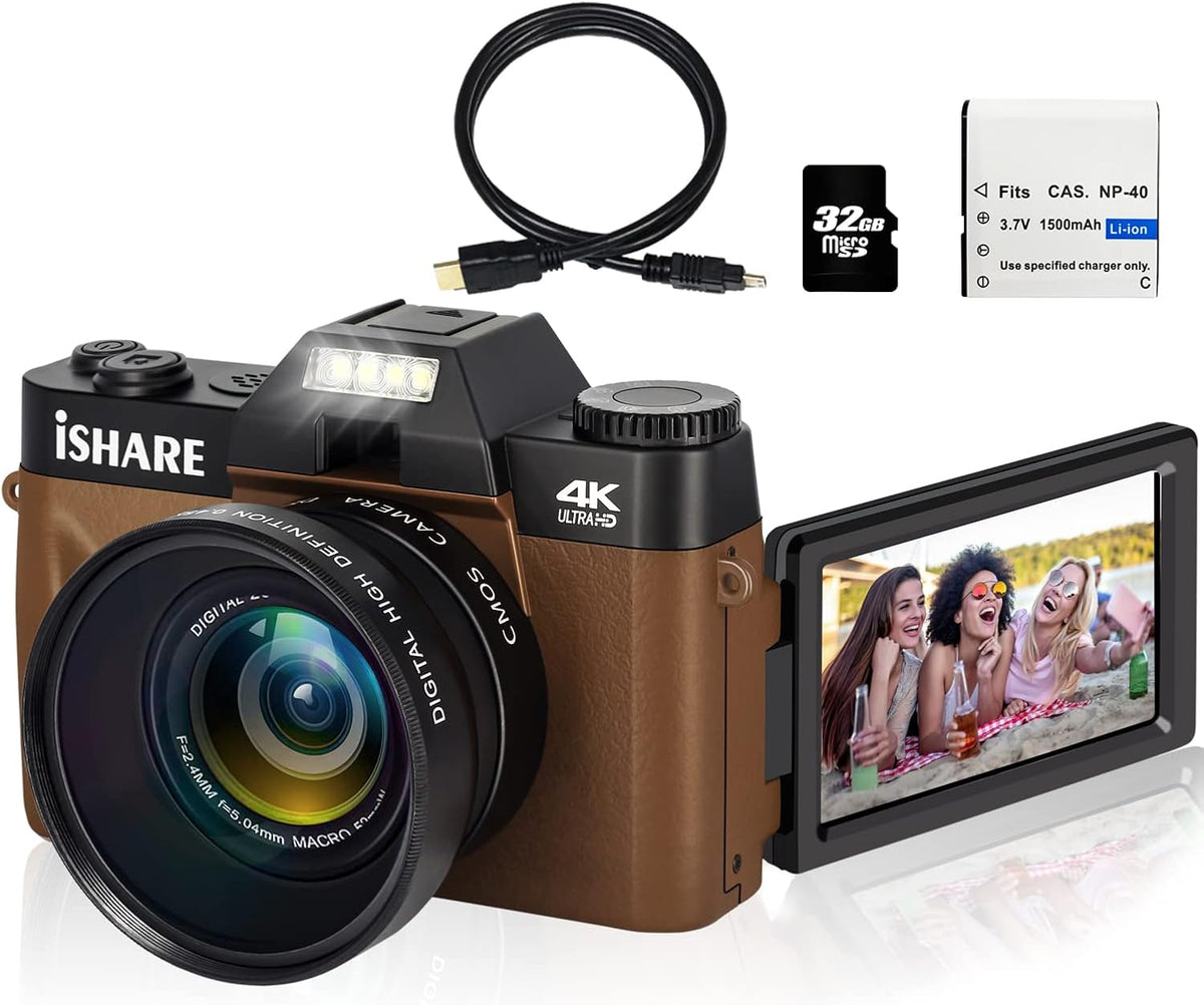 48MP 4K Digital Camera with 3.0 Inch 180° Flip Screen WiFi Camcorder with Wide-Angle Lens and 32GB Memory Card M17993