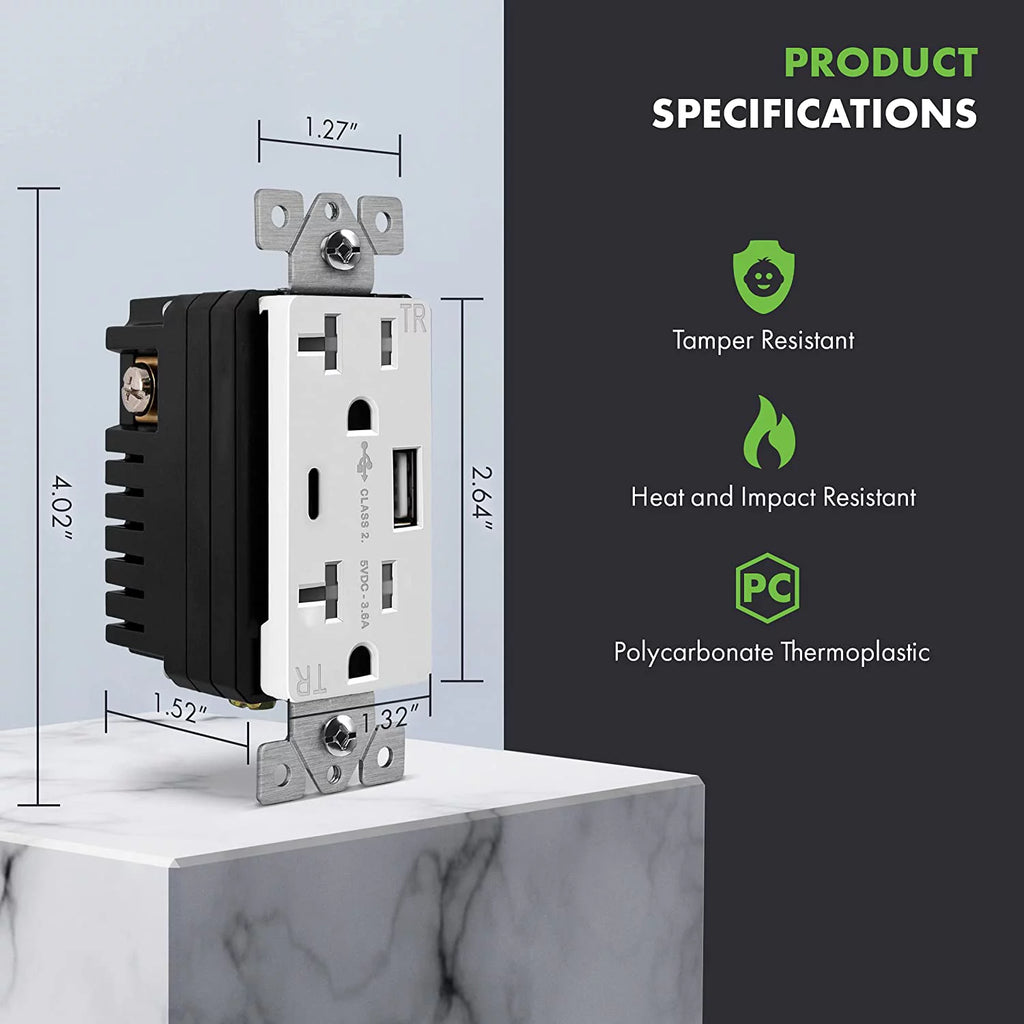 20 Amp USB Outlet with 2 USB Charging Ports, White, 2 Pack J33542