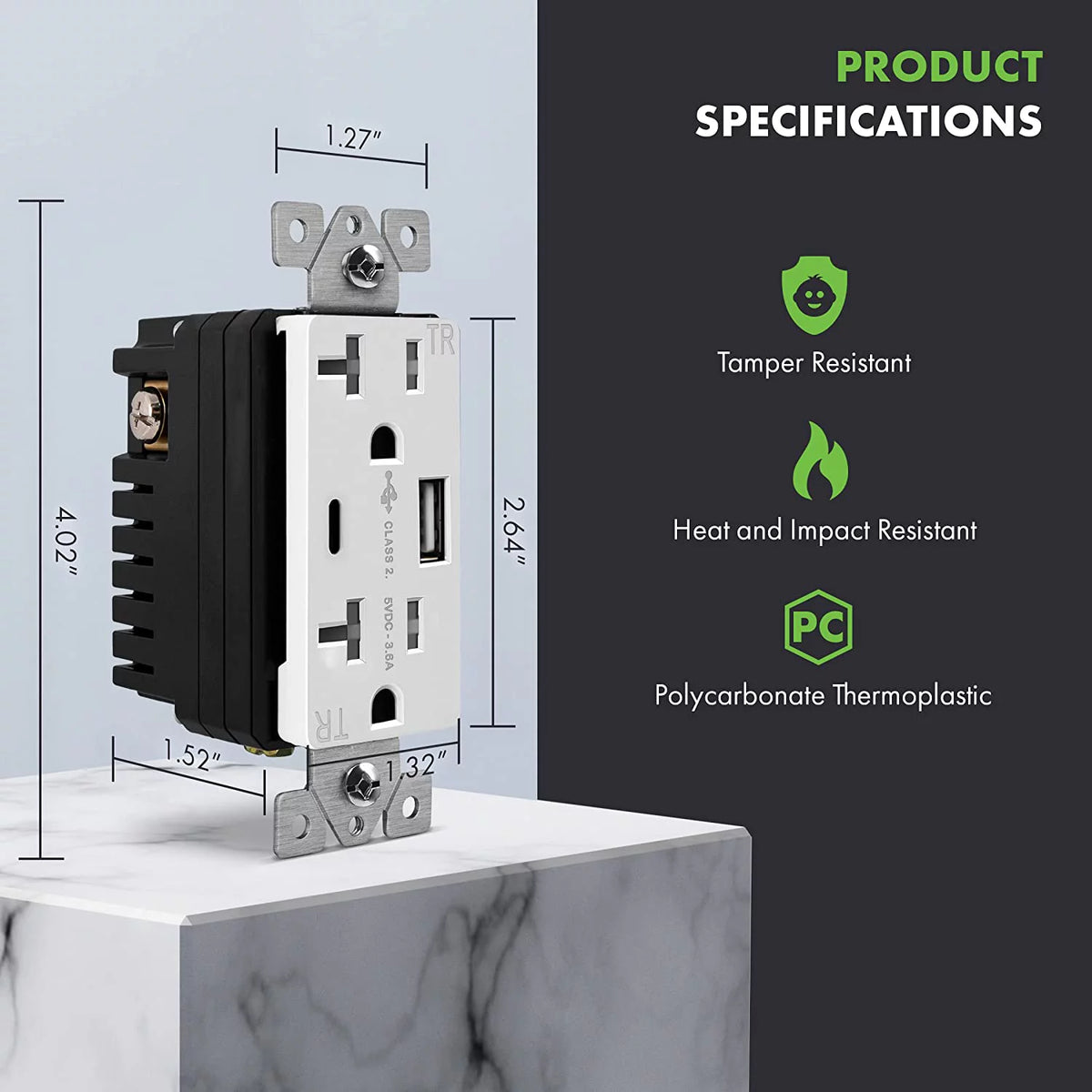 20 Amp USB Outlet with 2 USB Charging Ports, White, 2 Pack J33542