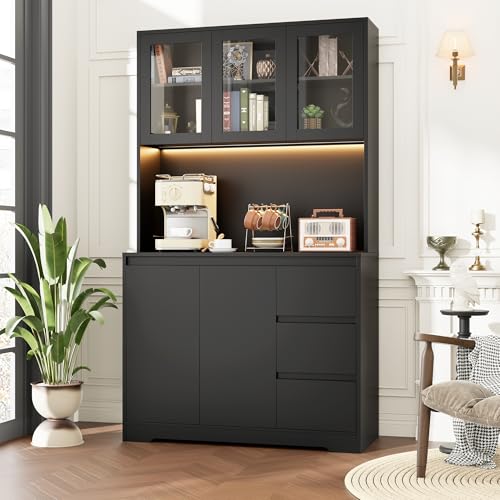 Black 71" Kitchen Pantry Cabinet with LED Lights and Charging Station A206988