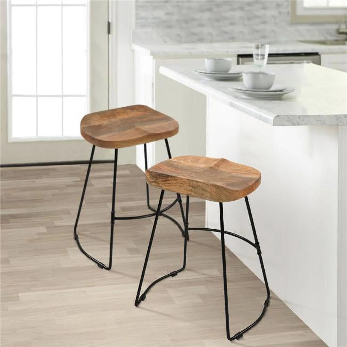 24 in. Backless Counter Height Stool with Brown Mango Wood Saddle Seat & Black Metal Base H6412