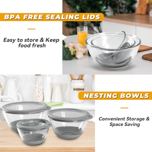 Glass Mixing Bowls Set of 3 with Airtight Lids, Non-Slip Silicone Base, Sizes: 2.2, 1.1, 0.5 QT Q224