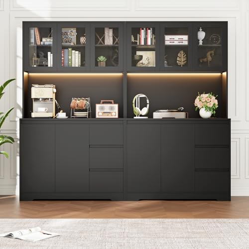 Black 71" Kitchen Pantry Cabinet with LED Lights and Charging Station A206988