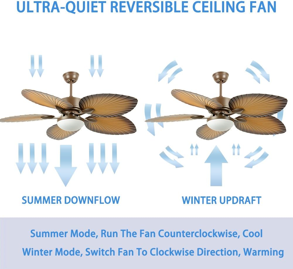 52" Tropical Palm Ceiling Fan with LED Light and Five Palm Leaf Blades - New Bronze Finish O9532