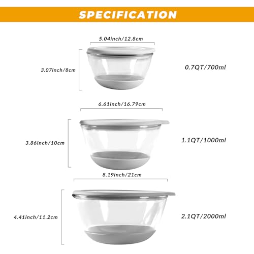 Glass Mixing Bowls Set of 3 with Airtight Lids, Non-Slip Silicone Base, Sizes: 2.2, 1.1, 0.5 QT Q224