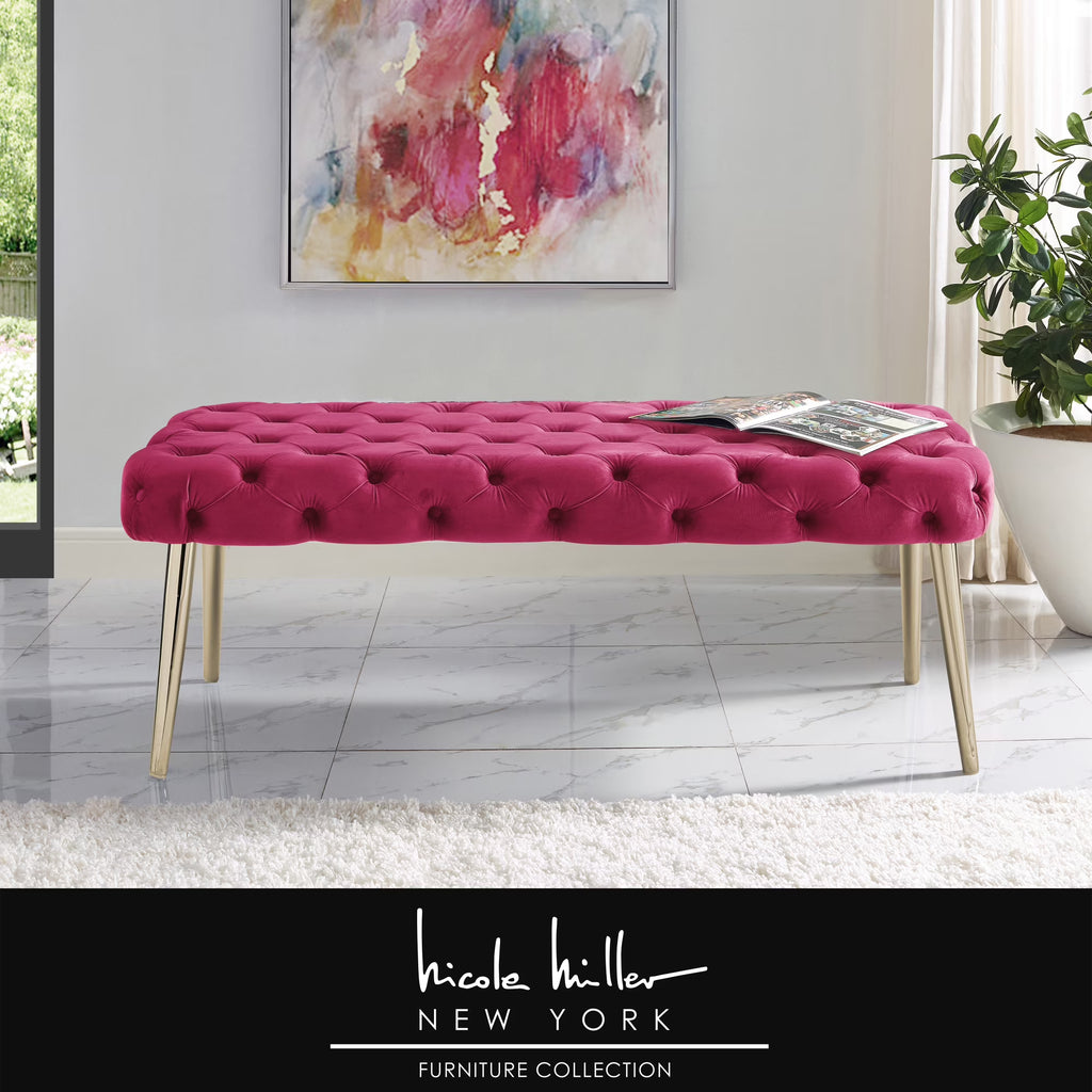 Fuchsia/Gold Velvet Bench with Metal Legs I680934