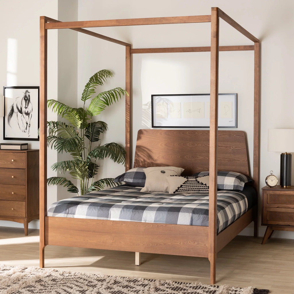 Light Grey Fabric Ash Walnut Wood Queen Size Platform Canopy Bed W909