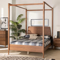 Light Grey Fabric Ash Walnut Wood Queen Size Platform Canopy Bed W909
