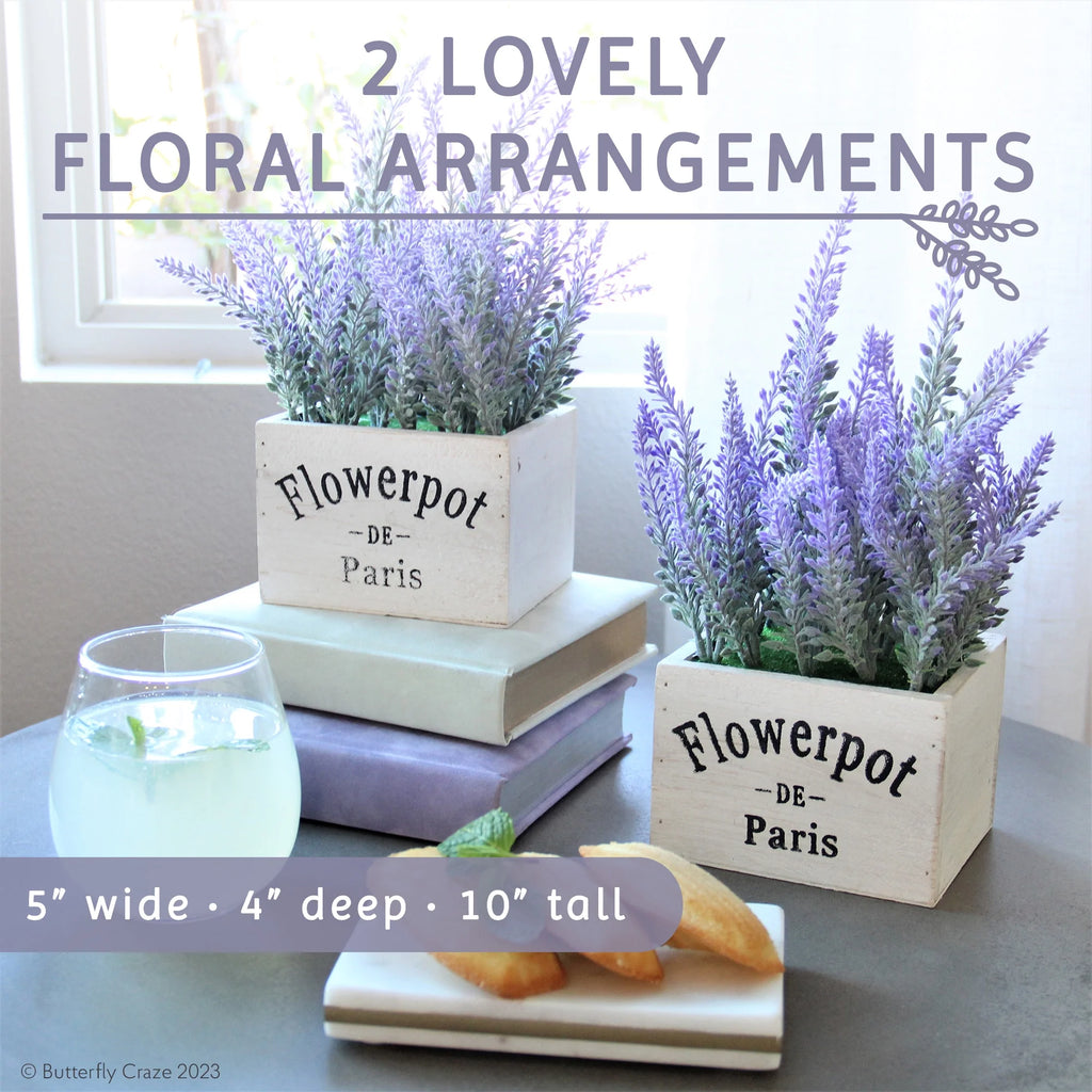 White Wood Artificial Lavender Plants in Wooden Planters, Set of Two L50361