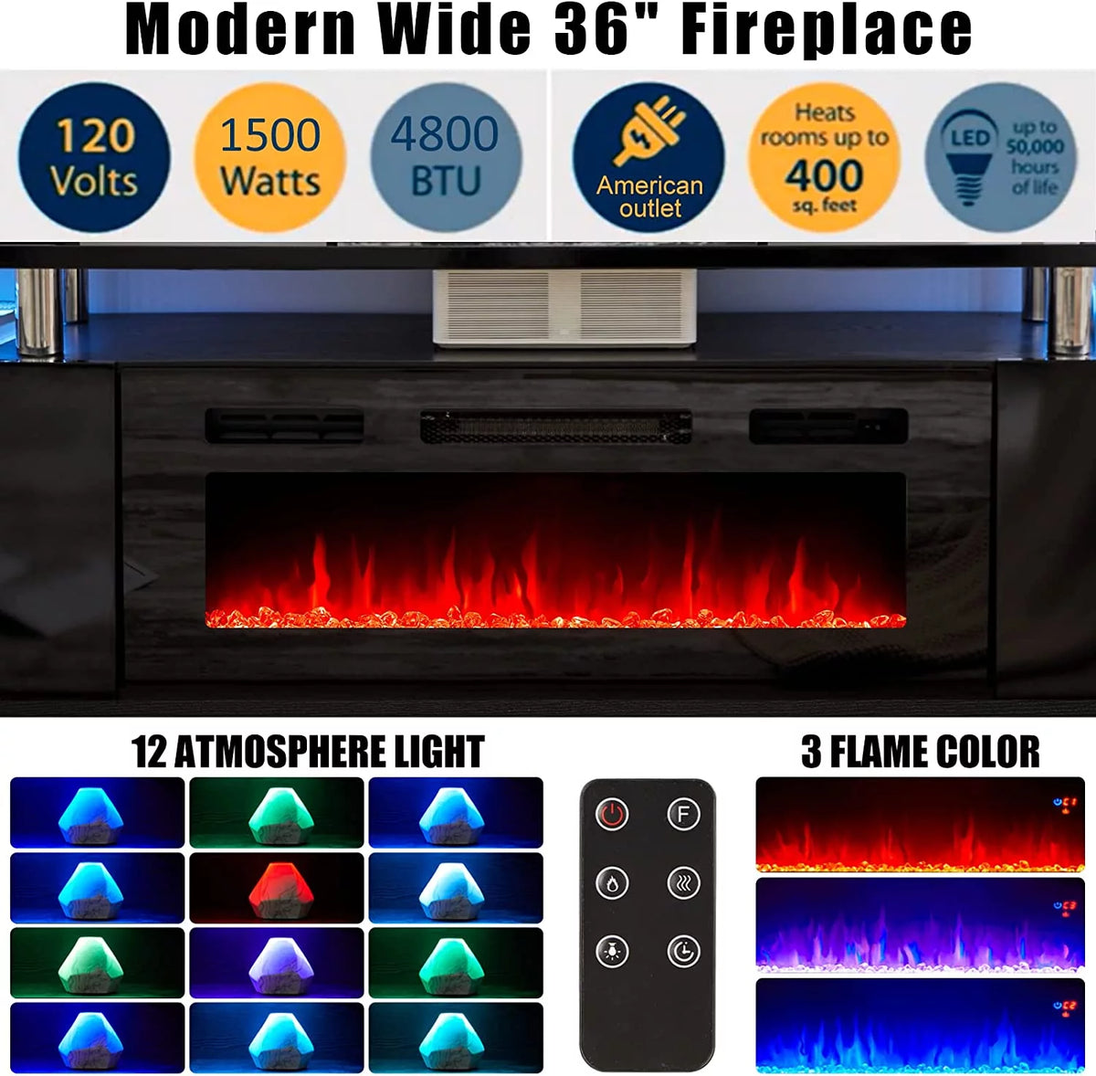 Black 70" Fireplace TV Stand with LED Lights D55443