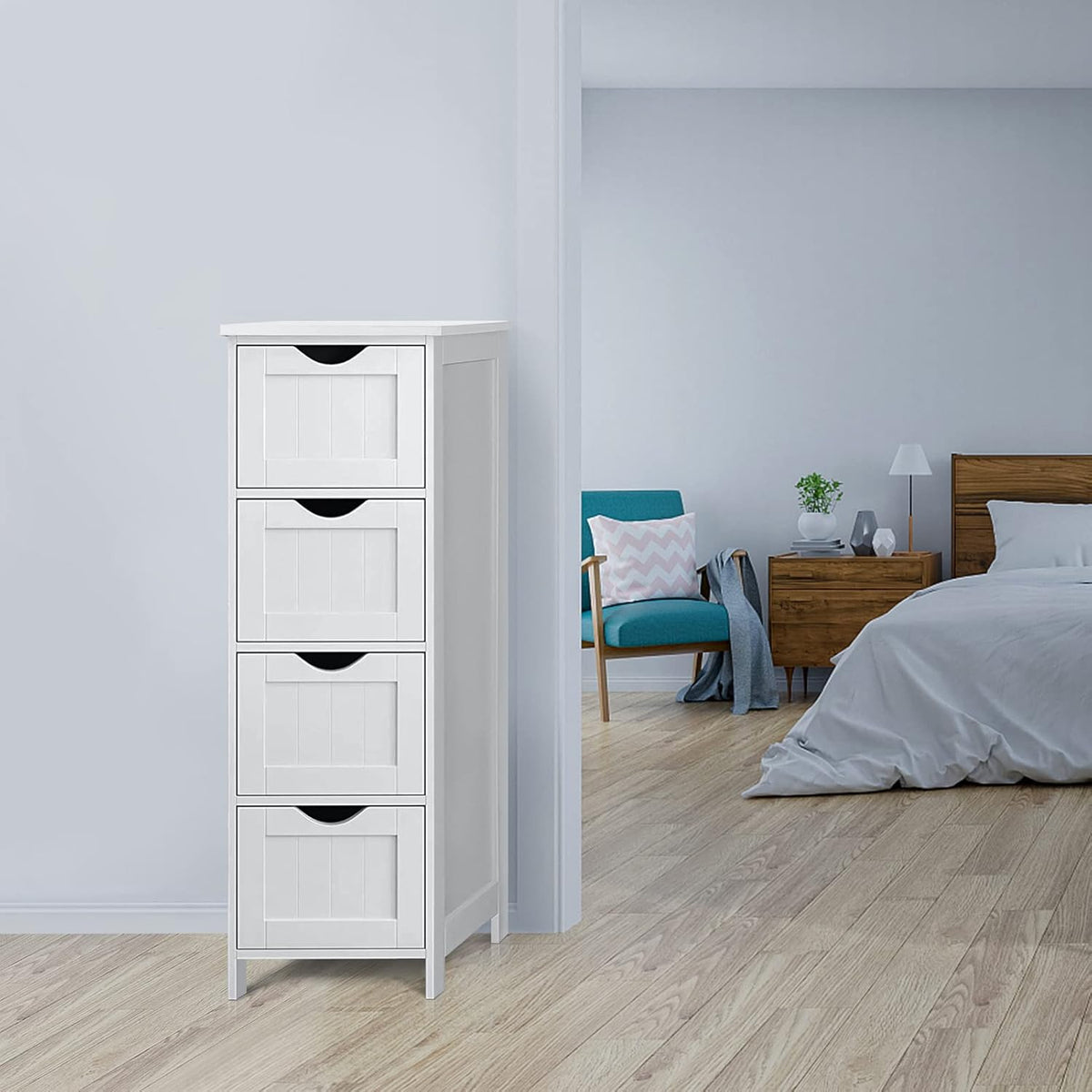 White Wooden Bathroom Floor Cabinet with 4 Drawers C70679