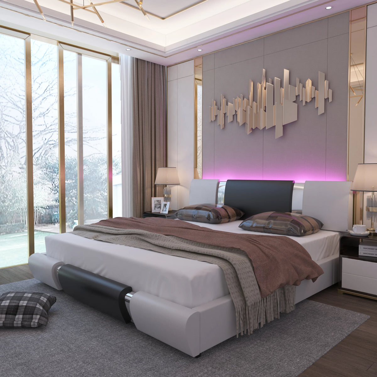 King Size Bed Frame with Led Light and Faux Leather Headboard M67642