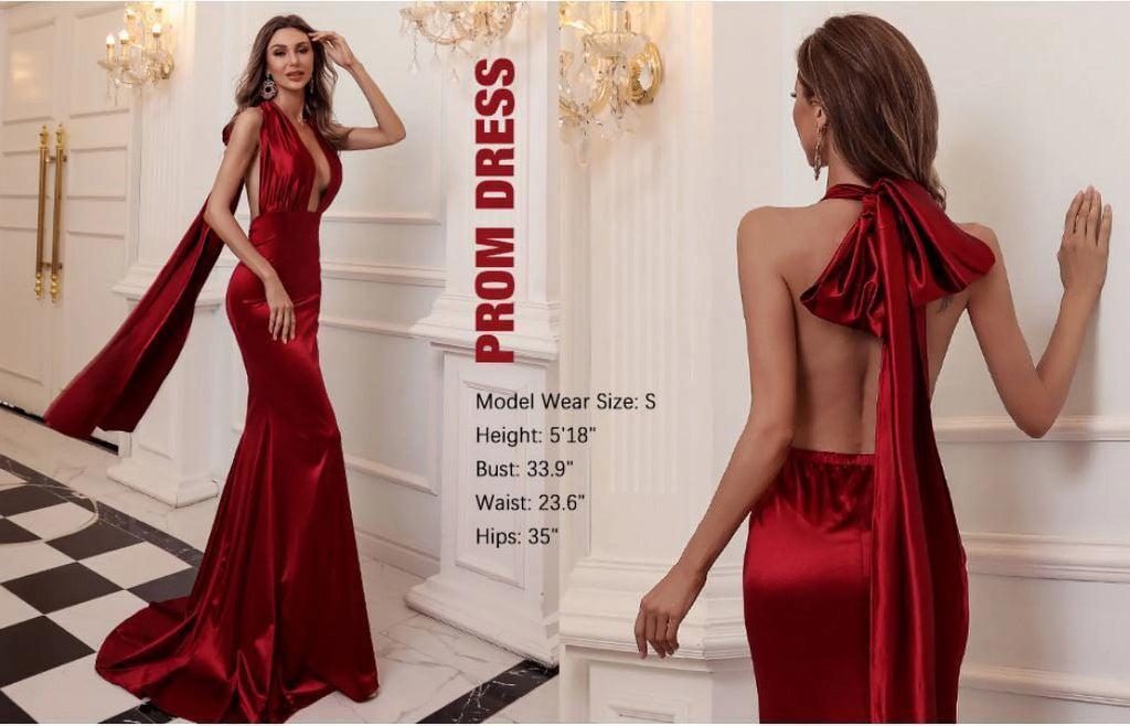 Red Medium V Neck Sleeveless Long Halter Dress A5975