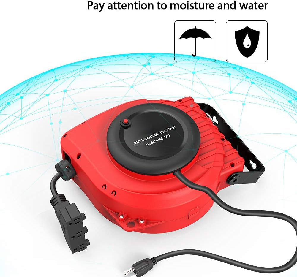 50FT Retractable Extension Cord Reel, 14AWG 13A with Triple Tap Outlet M313305