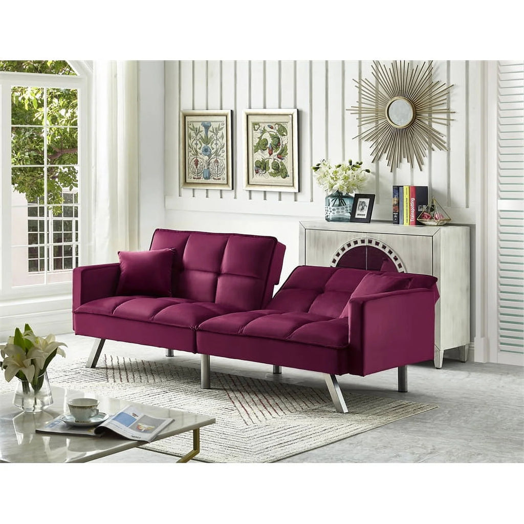 80" Convertible Wood & Velvet Fabric Sleeper Sofa Bed in Red H199