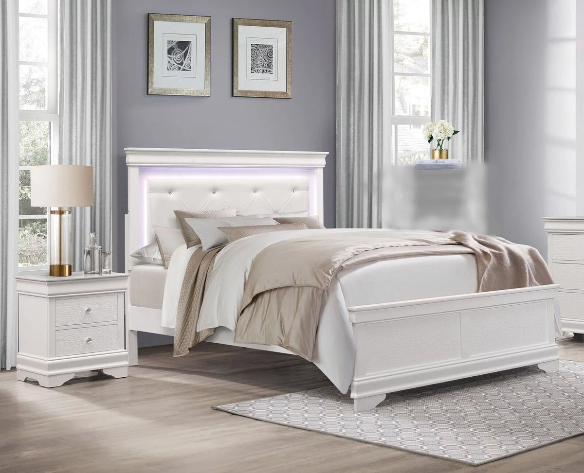 White Queen Bed with LED Lighting Headboard and Nightstands 3pc Set X374
