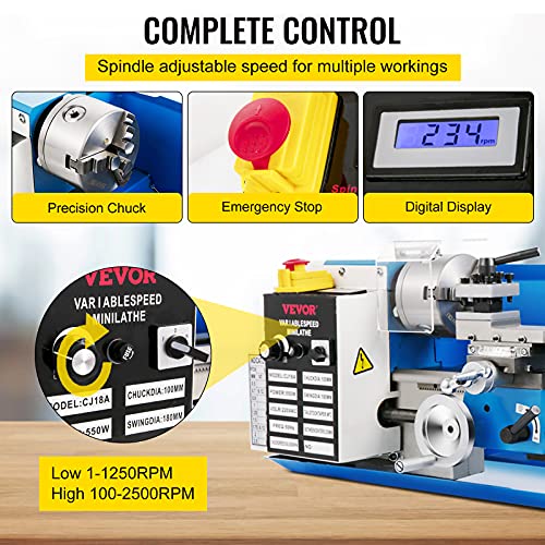 7"x14" 550W Variable Speed Metal Lathe with 3-jaw Chuck Digital Display J1935
