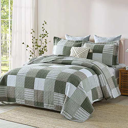 100% Cotton Navy Blue Grey Plaid Queen Size 3 Pieces Quilt H1766