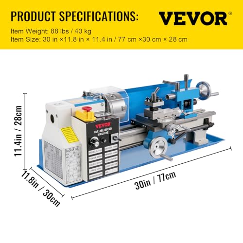 7"x14" 550W Variable Speed Metal Lathe with 3-jaw Chuck Digital Display J1935