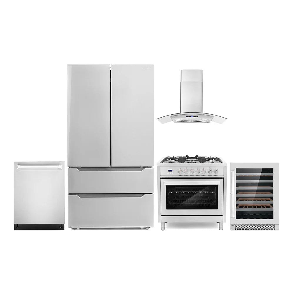 36 Dual Fuel Range, Wall Mount Range Hood, Dishwasher, Refrigerator with Ice Maker and Wine Cooler V988
