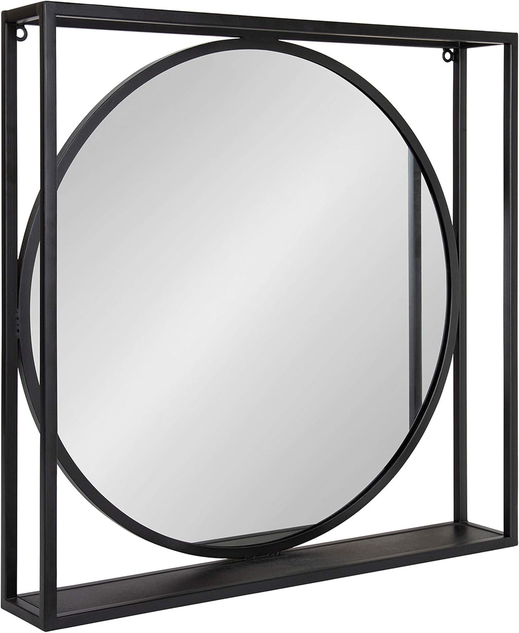 Metal Wall-Mounted Mirror with Wooden Shelf, 24 x 24, Black D251