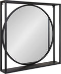 Metal Wall-Mounted Mirror with Wooden Shelf, 24 x 24, Black D251