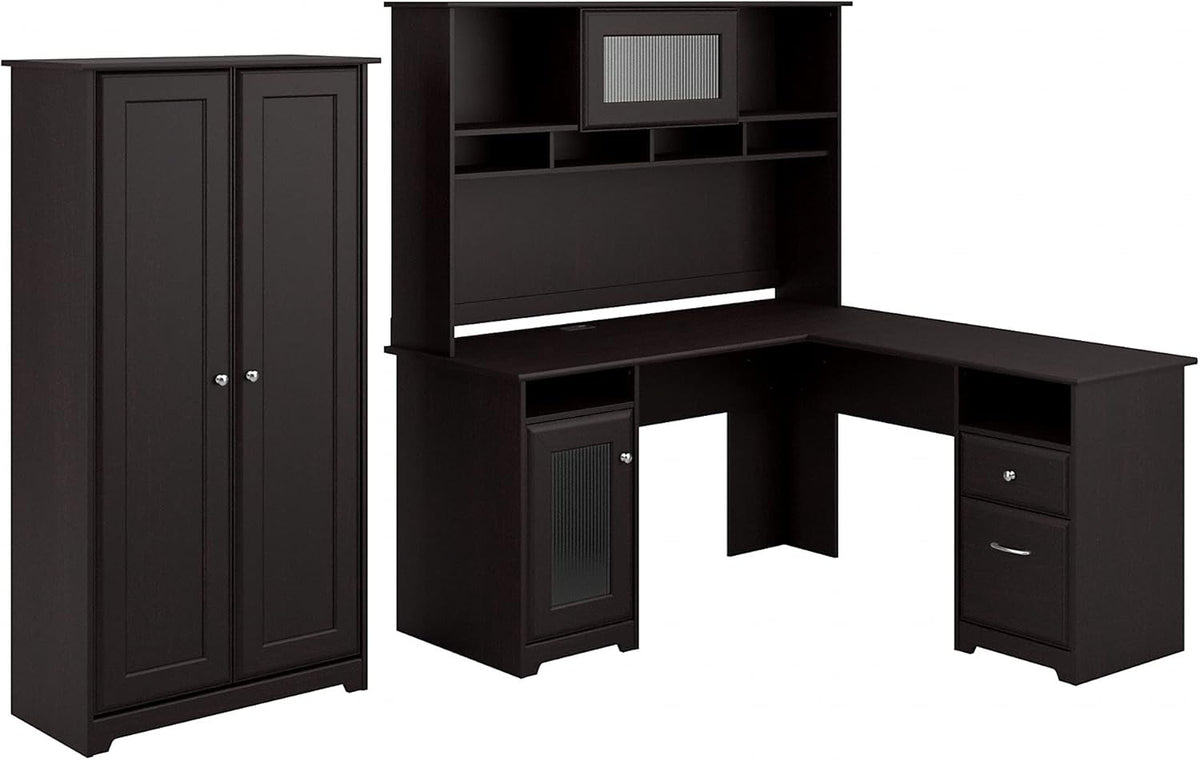 L Shaped Desk, Hutch, and Tall Storage Cabinet with Doors H147537