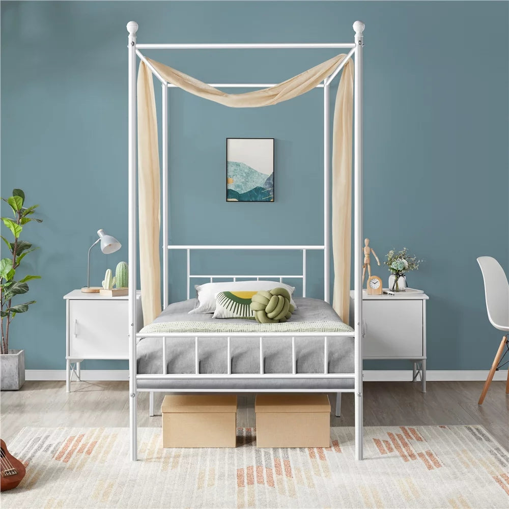 White Twin Metal Canopy Bed Frame with Headboard and Footboard N811758