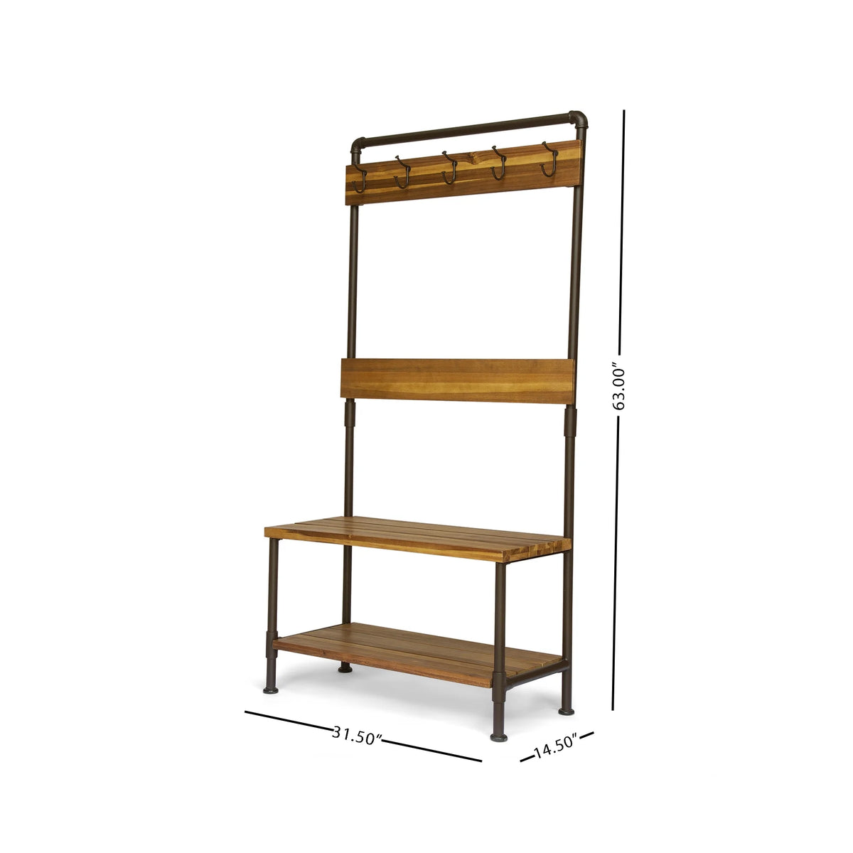 Teak Acacia Wood and Iron Bench with Shelf and Coat Hooks K607