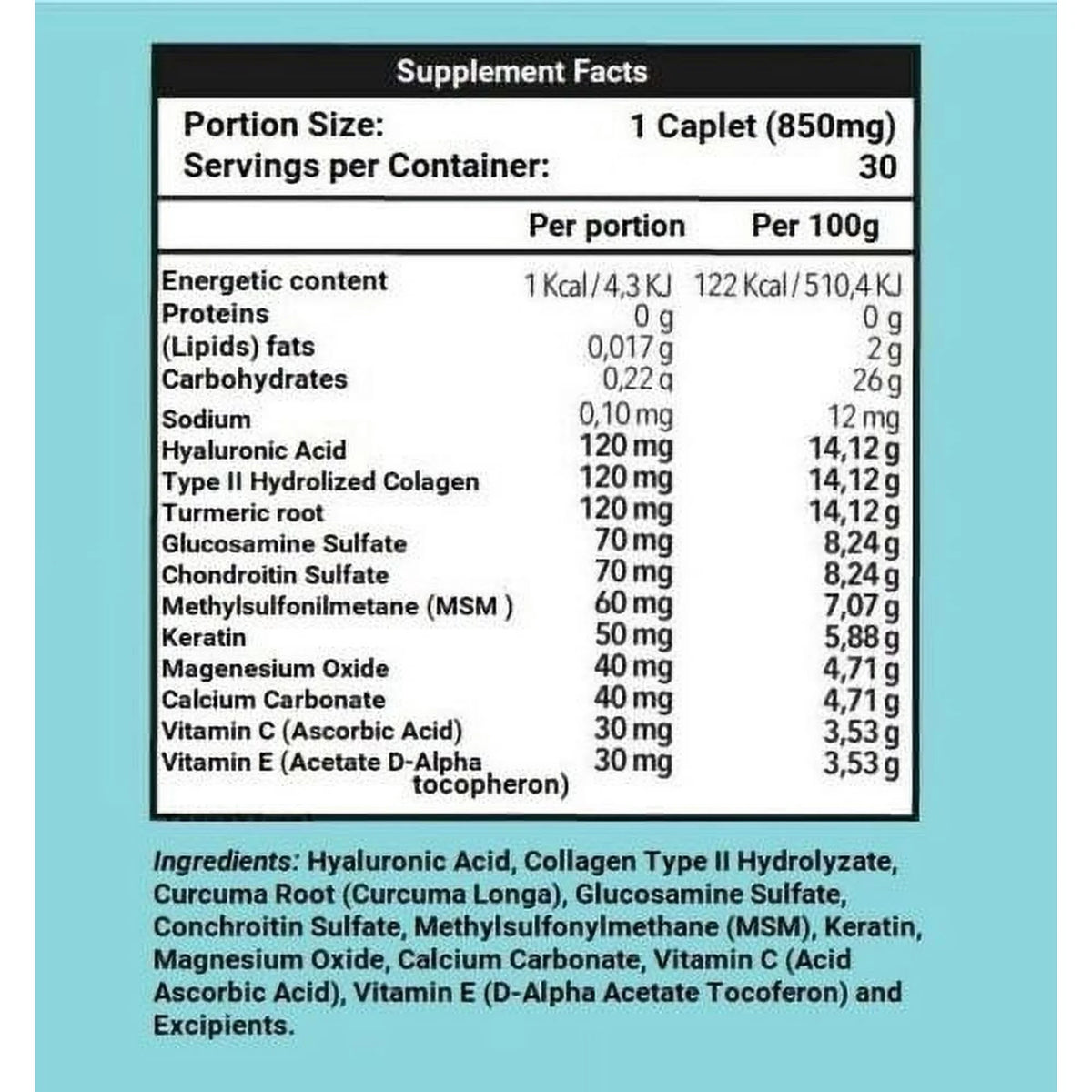 30 Caplets 850 mg + Hyaluronic Acid 100 ml H393