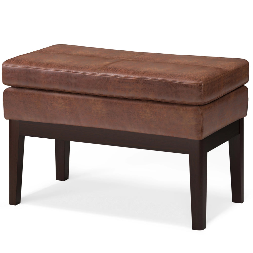 26 inch Wide Small Ottoman Bench in Distressed Saddle Brown Faux Leather O589