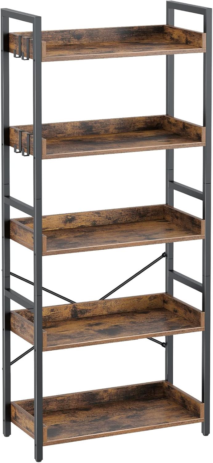 5 Tier Wood Bookshelf with 4 Hooks E72974