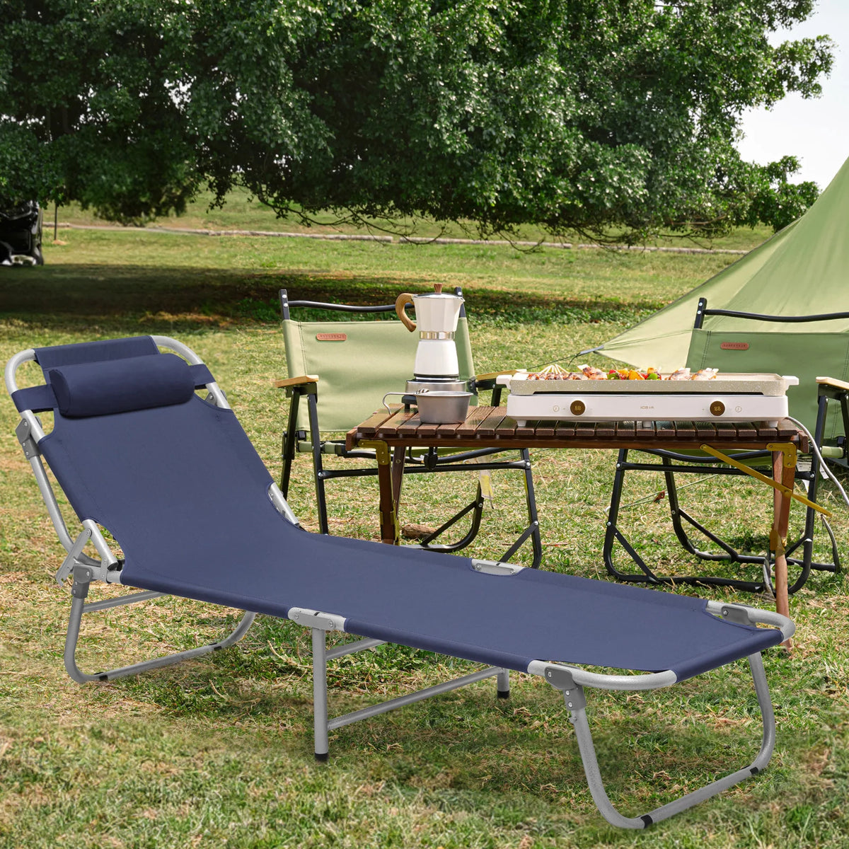 Navy Blue Portable Folding Camping Cot with Pillow and Carry Bag E2915